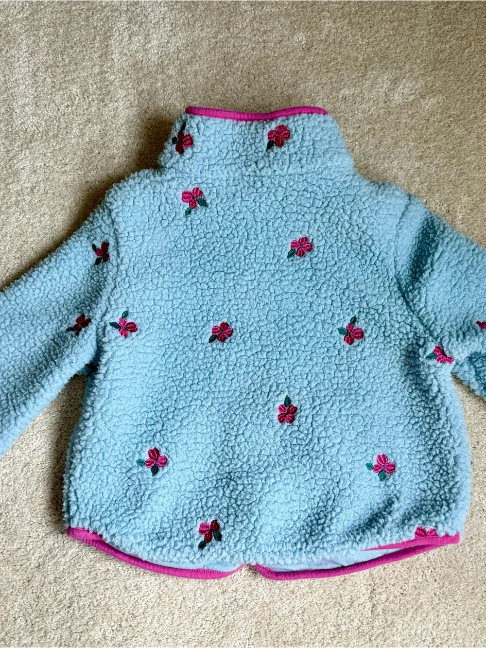 Cat & Jack Light Blue Sherpa Jacket with Pink Trim and Floral Embroidery